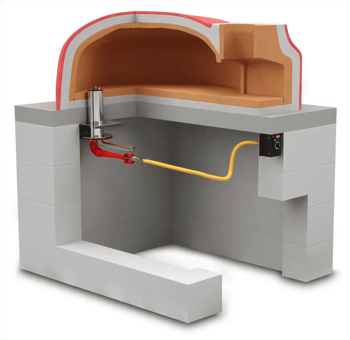 Cutaway diagram showing gas burner placement in pizza oven