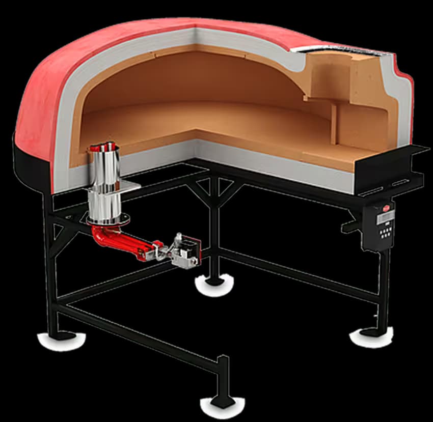 Pizza oven cutaway showing burner installation